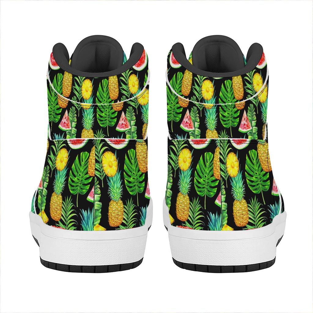 Black Tropical Pineapple Pattern Print High Top Leather Sneakers