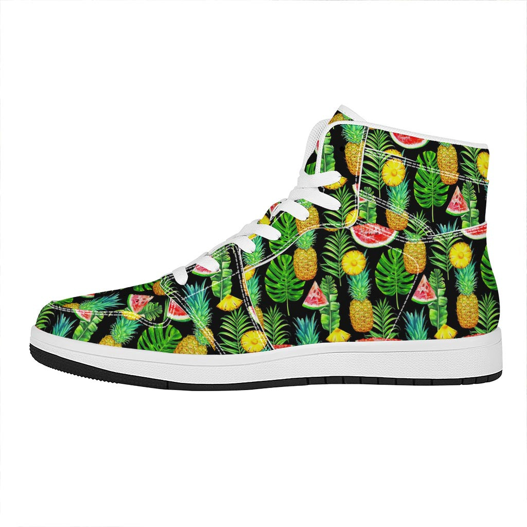 Black Tropical Pineapple Pattern Print High Top Leather Sneakers