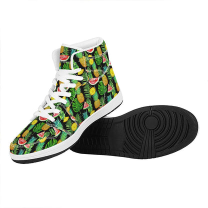 Black Tropical Pineapple Pattern Print High Top Leather Sneakers