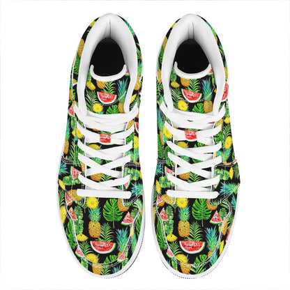 Black Tropical Pineapple Pattern Print High Top Leather Sneakers