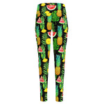 Black Tropical Pineapple Pattern Print High-Waisted Pocket Leggings