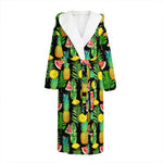 Black Tropical Pineapple Pattern Print Hooded Bathrobe