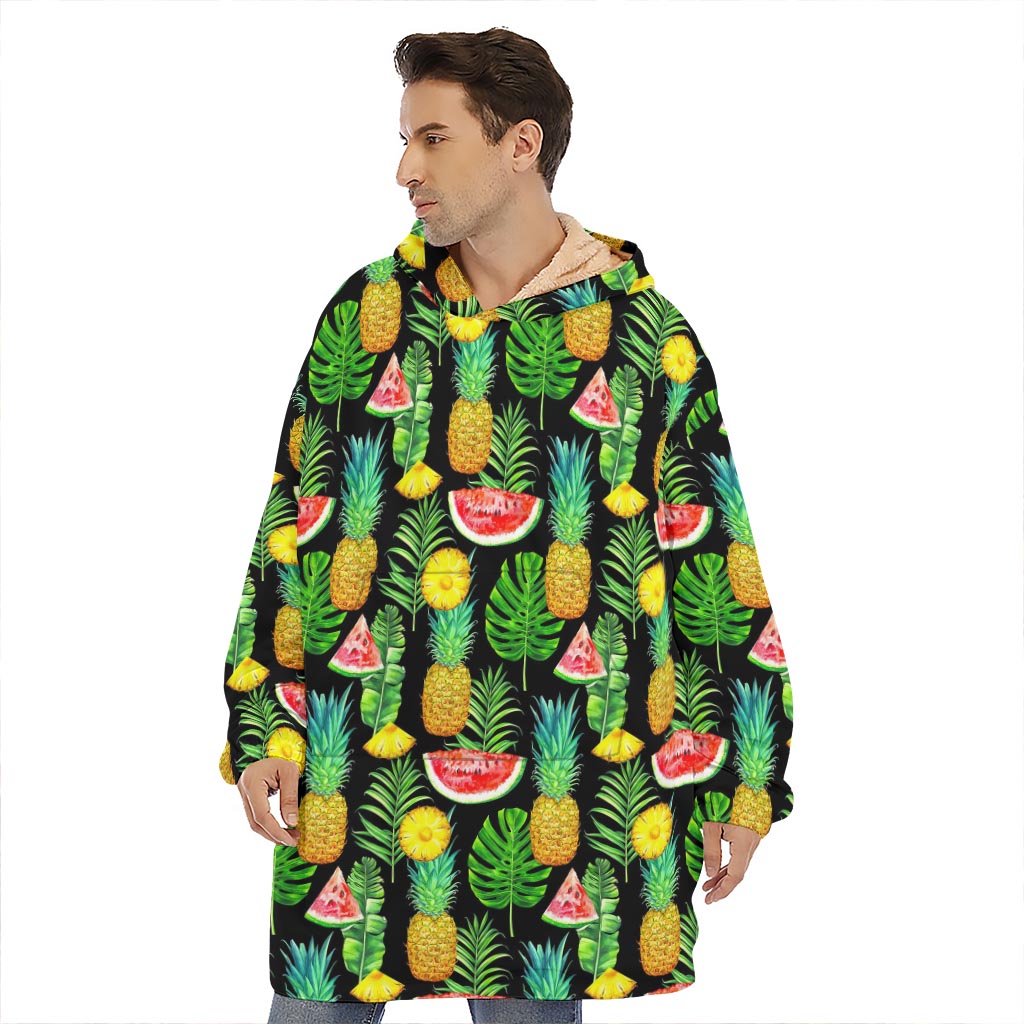 Black Tropical Pineapple Pattern Print Hoodie Blanket