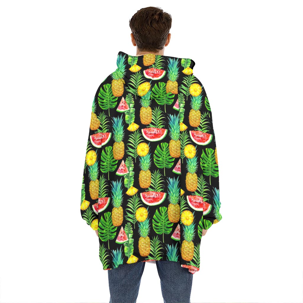 Black Tropical Pineapple Pattern Print Hoodie Blanket