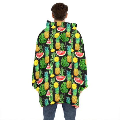 Black Tropical Pineapple Pattern Print Hoodie Blanket
