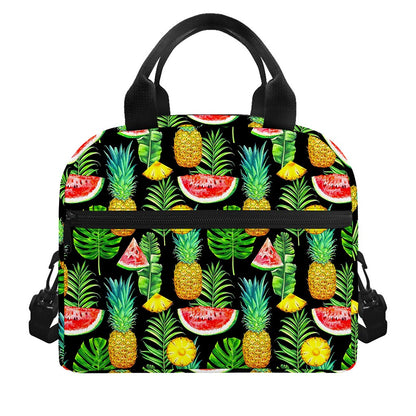 Black Tropical Pineapple Pattern Print Insulated Lunch Bag