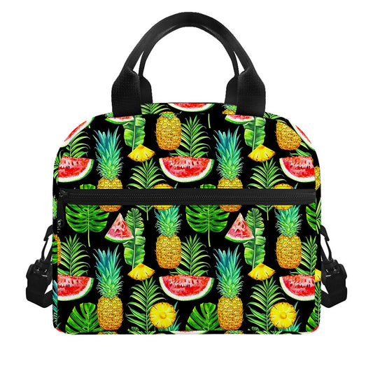 Black Tropical Pineapple Pattern Print Insulated Lunch Bag