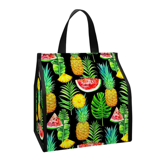 Black Tropical Pineapple Pattern Print Insulated Lunch Tote