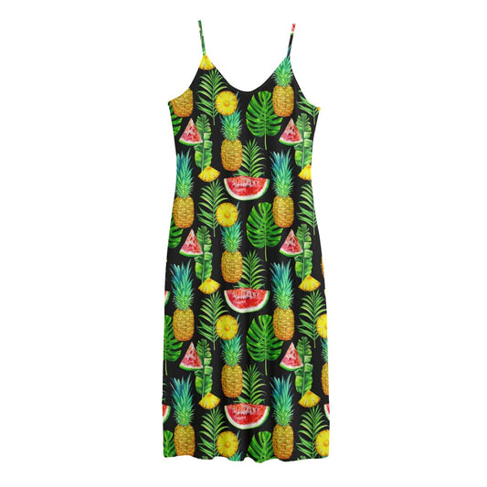 Black Tropical Pineapple Pattern Print Jersey Midi Cami Dress