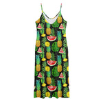 Black Tropical Pineapple Pattern Print Jersey Midi Cami Dress