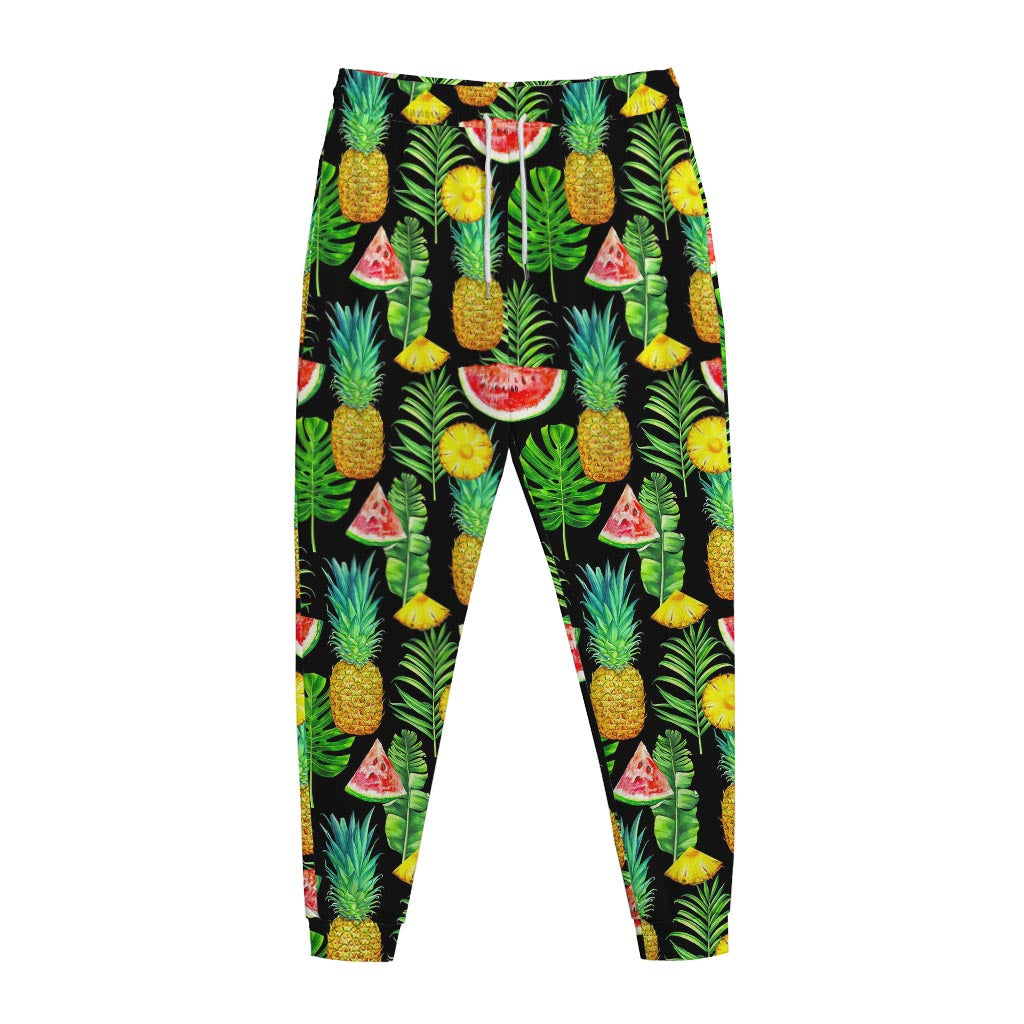 Black Tropical Pineapple Pattern Print Jogger Pants