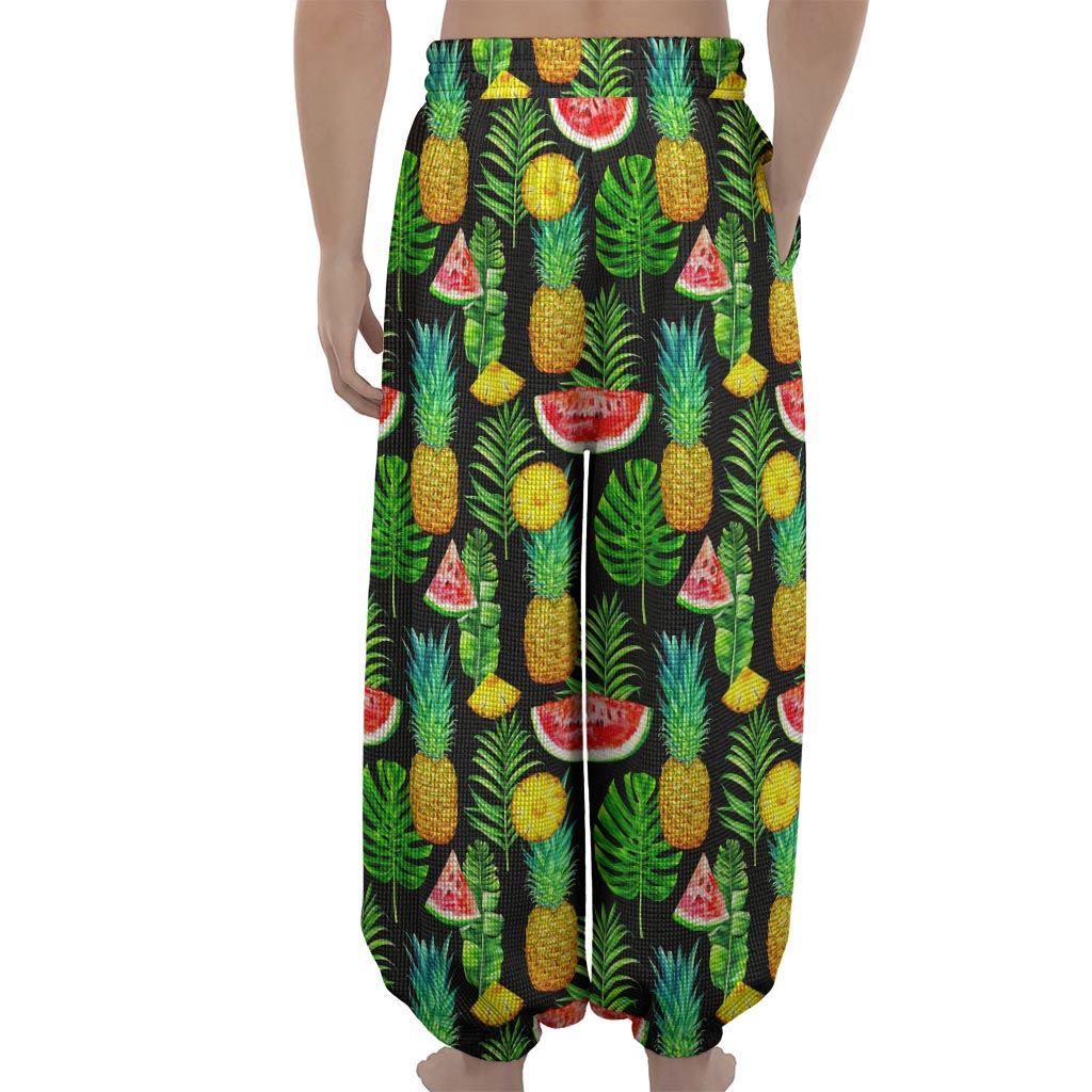 Black Tropical Pineapple Pattern Print Lantern Pants