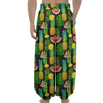 Black Tropical Pineapple Pattern Print Lantern Pants
