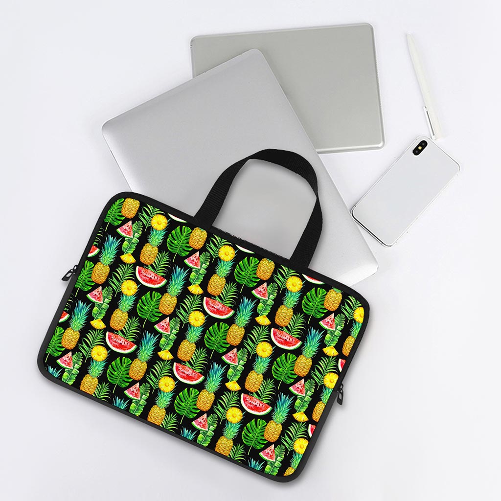 Black Tropical Pineapple Pattern Print Laptop Sleeve With Handle