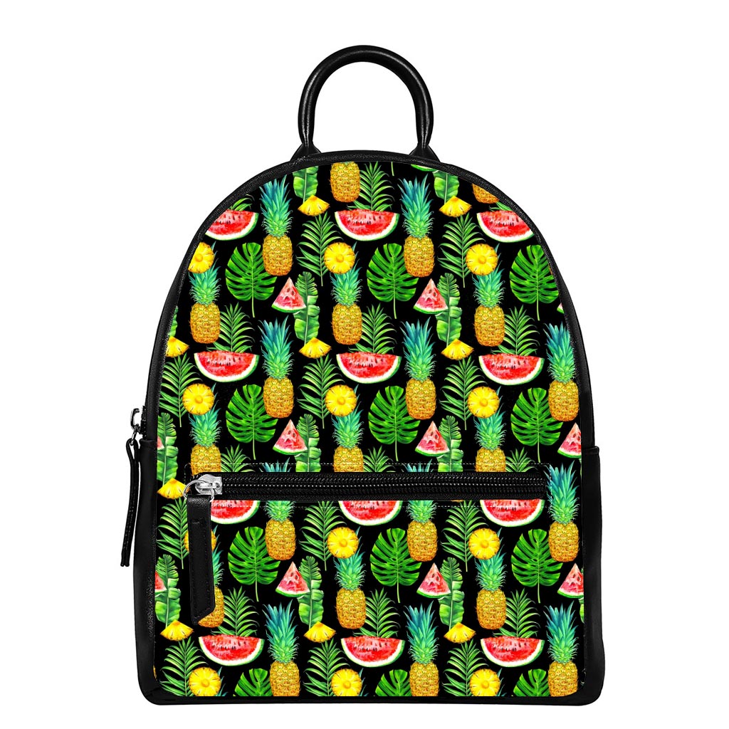 Black Tropical Pineapple Pattern Print Leather Backpack