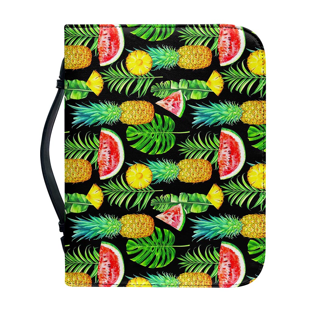Black Tropical Pineapple Pattern Print Leather Bible Cover