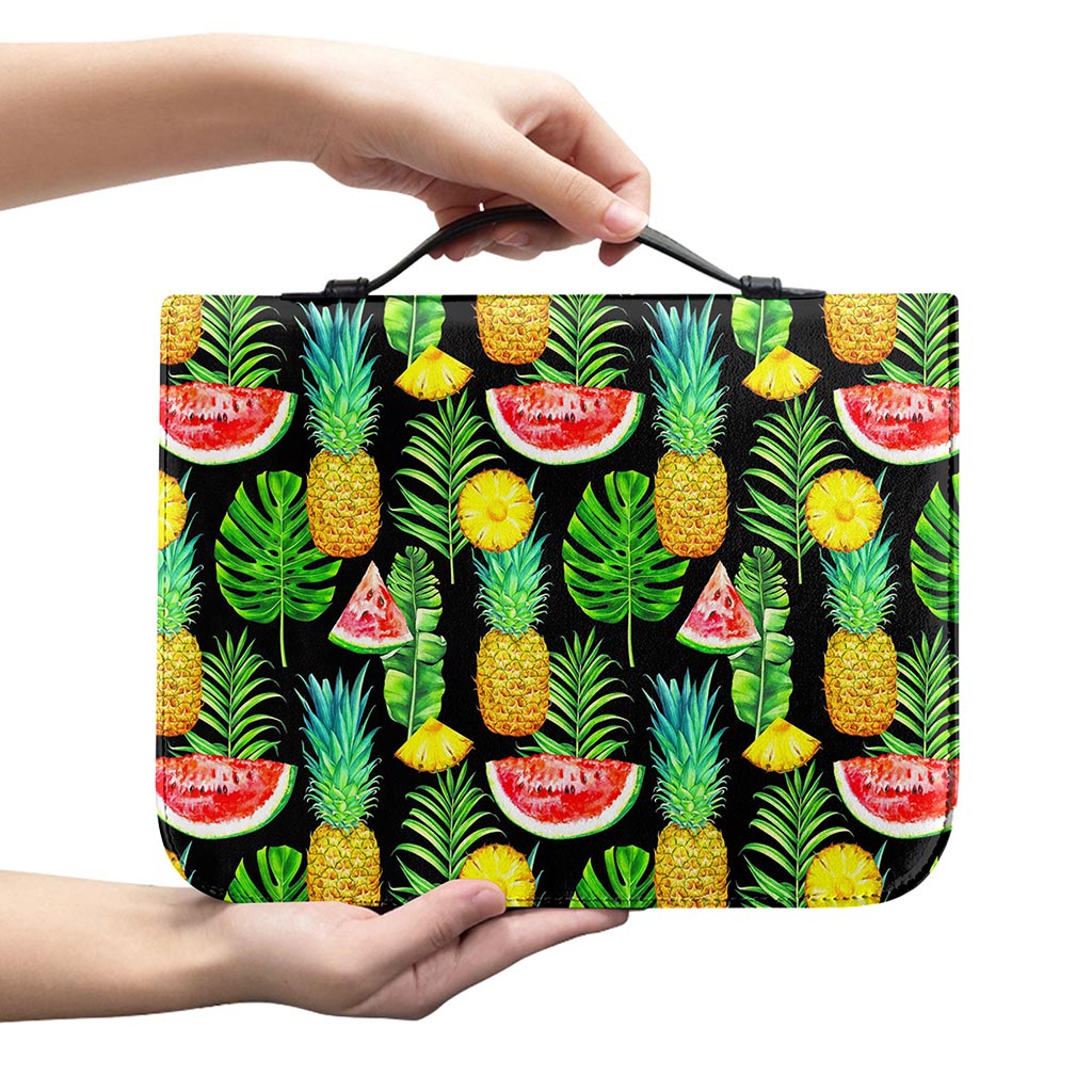 Black Tropical Pineapple Pattern Print Leather Bible Cover