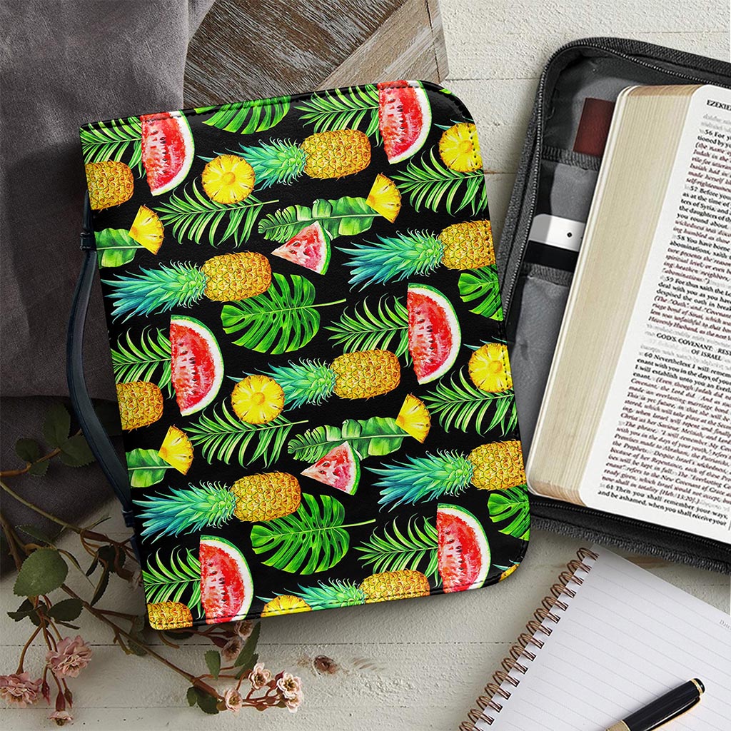 Black Tropical Pineapple Pattern Print Leather Bible Cover