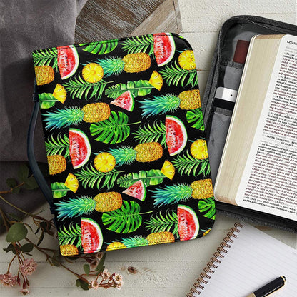 Black Tropical Pineapple Pattern Print Leather Bible Cover