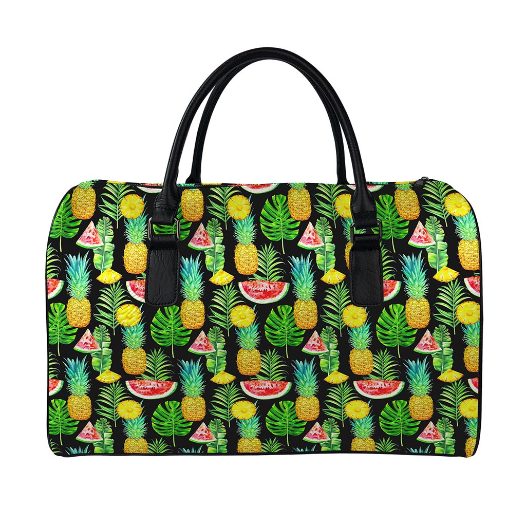 Black Tropical Pineapple Pattern Print Leather Duffle Bag