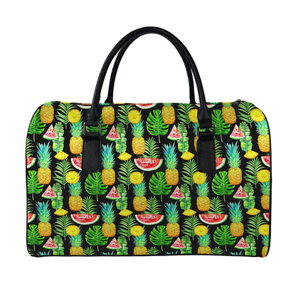 Black Tropical Pineapple Pattern Print Leather Duffle Bag
