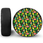 Black Tropical Pineapple Pattern Print Leather Spare Tire Cover