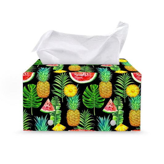 Black Tropical Pineapple Pattern Print Leather Tissue Box Cover