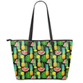 Black Tropical Pineapple Pattern Print Leather Tote Bag With Zipper