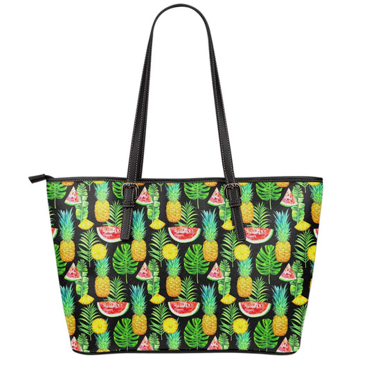 Black Tropical Pineapple Pattern Print Leather Tote Bag
