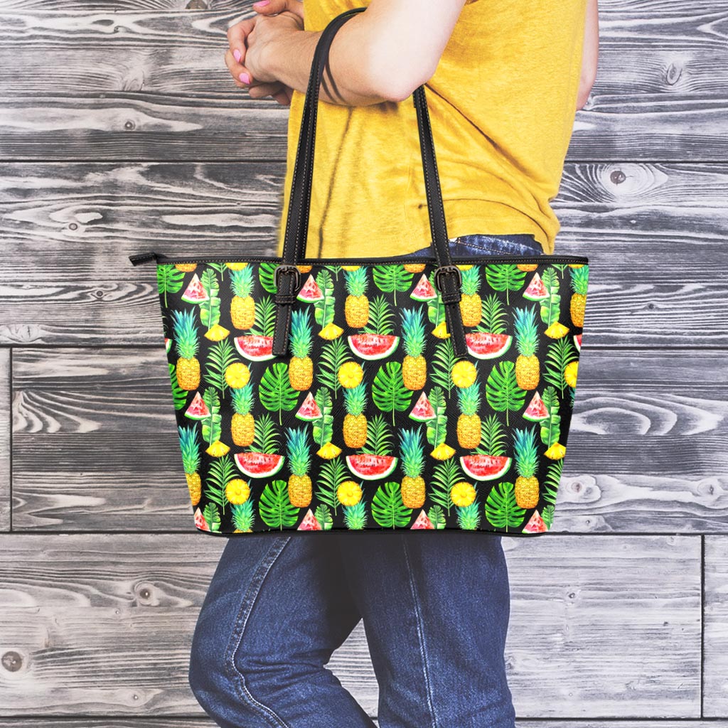 Black Tropical Pineapple Pattern Print Leather Tote Bag