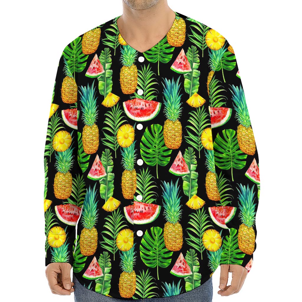 Black Tropical Pineapple Pattern Print Long Sleeve Baseball Jersey