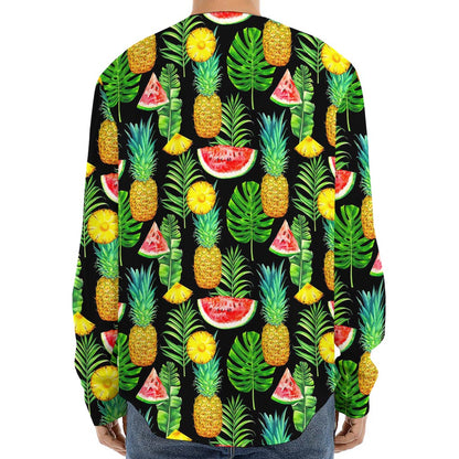Black Tropical Pineapple Pattern Print Long Sleeve Baseball Jersey