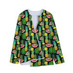 Black Tropical Pineapple Pattern Print Long Sleeve Short Coat