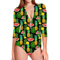 Black Tropical Pineapple Pattern Print Long Sleeve Swimsuit