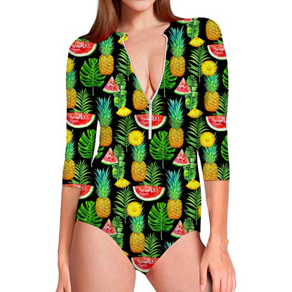 Black Tropical Pineapple Pattern Print Long Sleeve Swimsuit