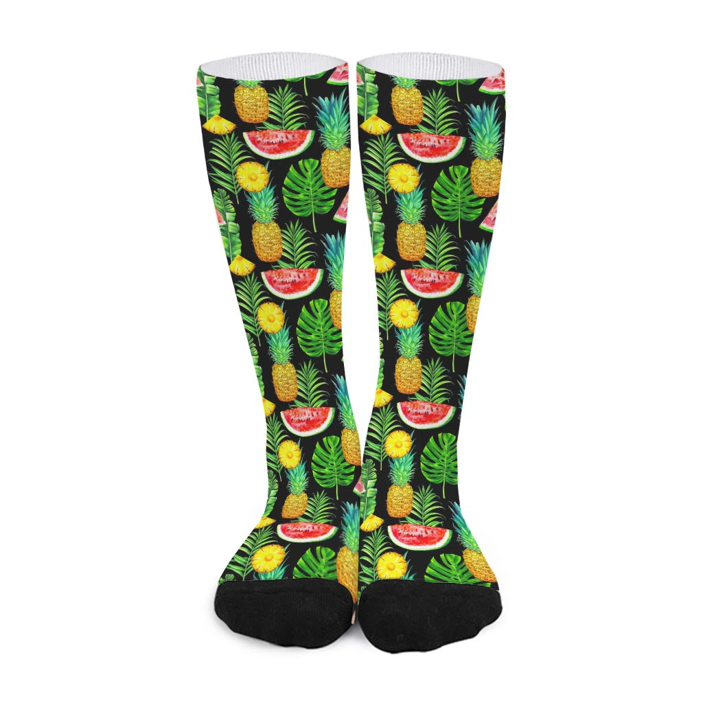 Black Tropical Pineapple Pattern Print Long Socks