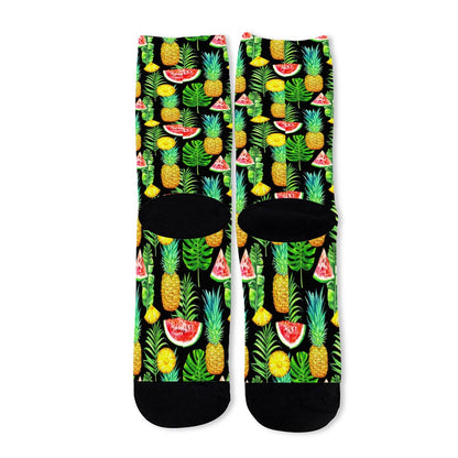 Black Tropical Pineapple Pattern Print Long Socks