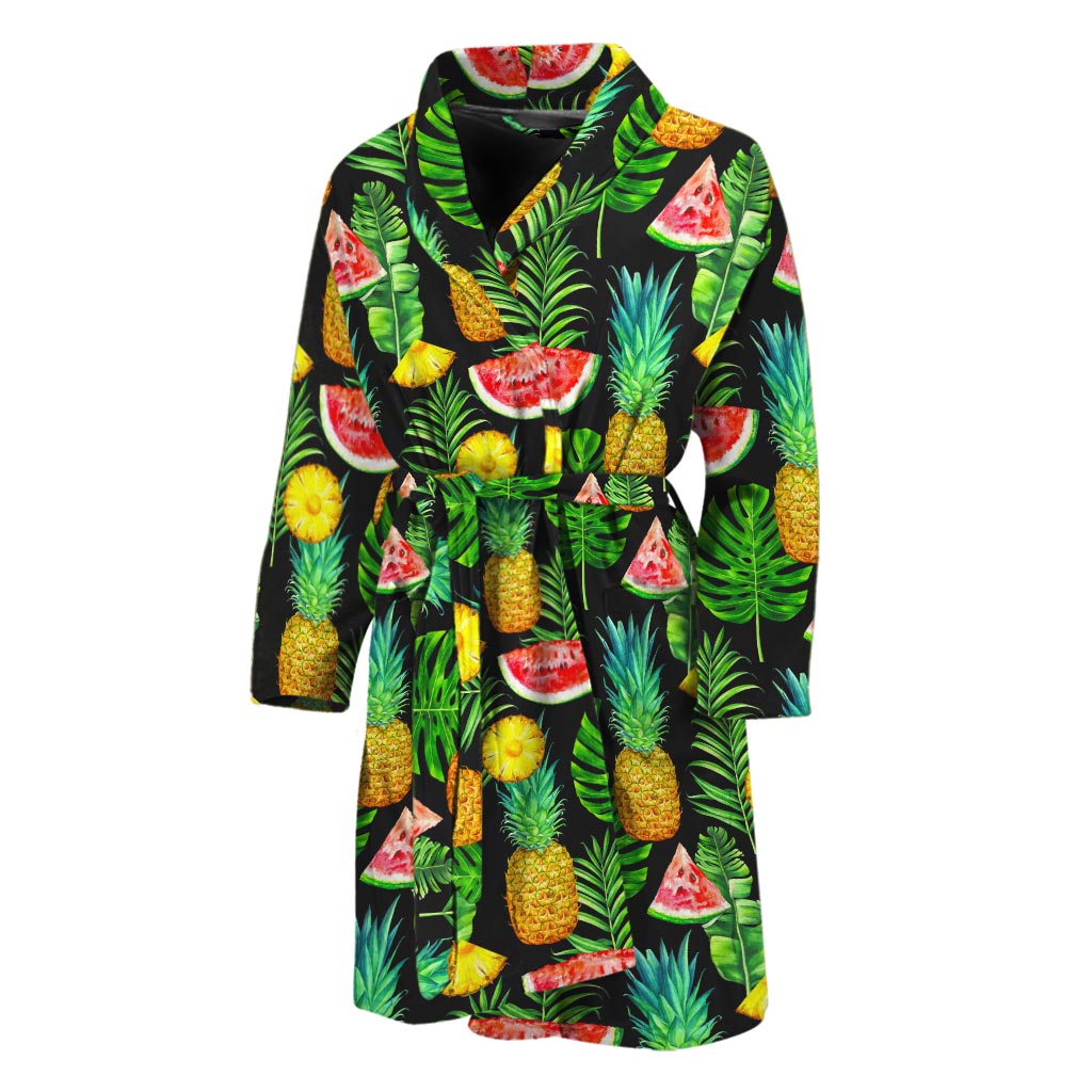 Black Tropical Pineapple Pattern Print Men's Bathrobe