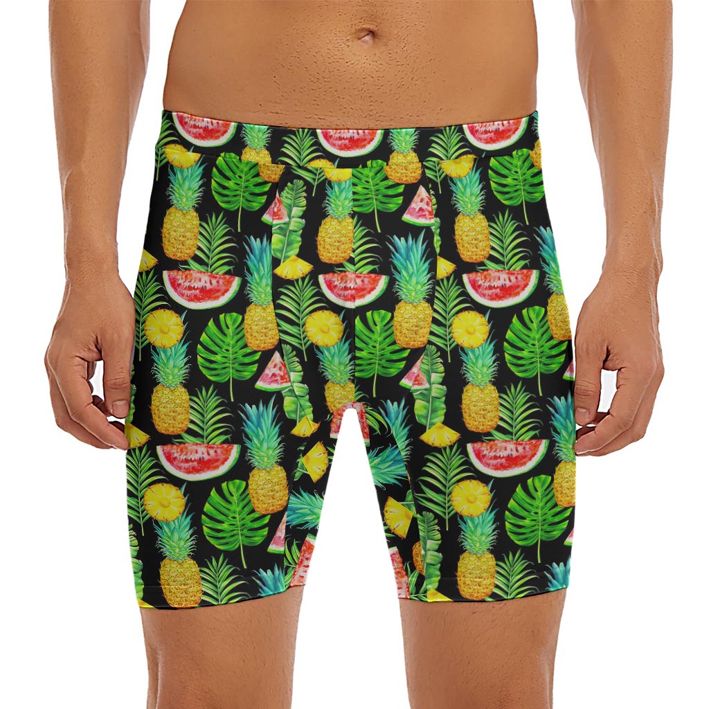 Black Tropical Pineapple Pattern Print Men's Long Boxer Briefs