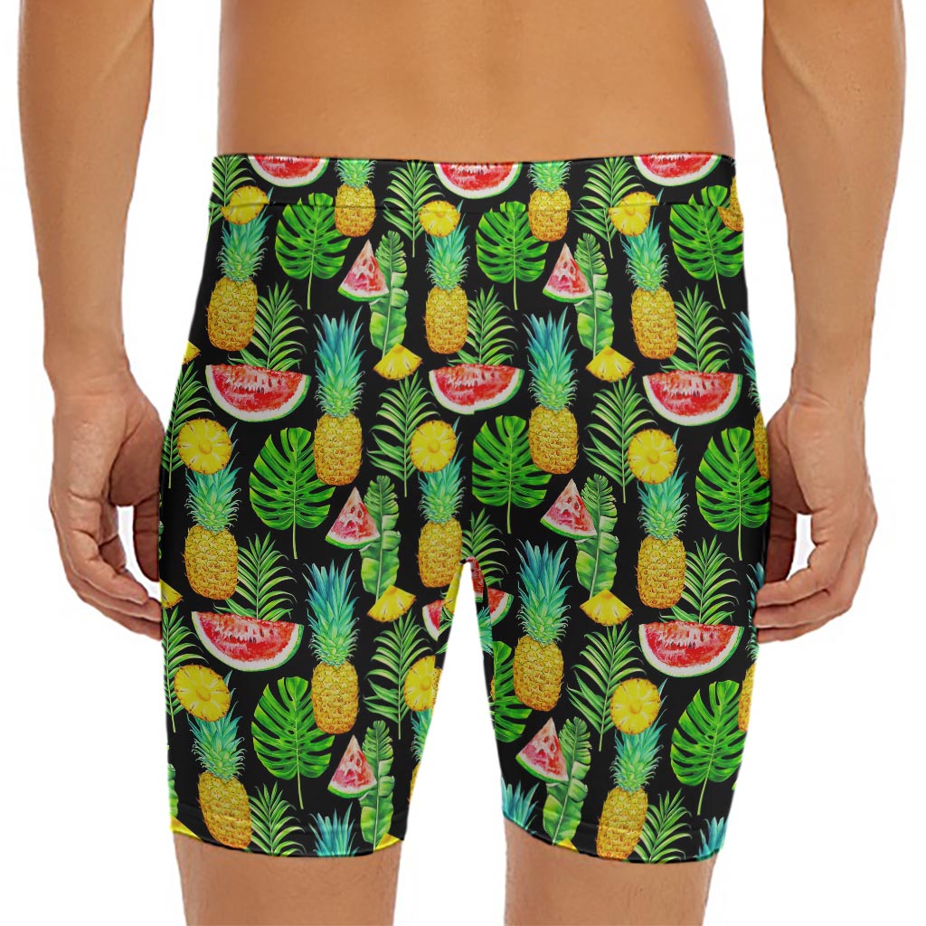 Black Tropical Pineapple Pattern Print Men's Long Boxer Briefs