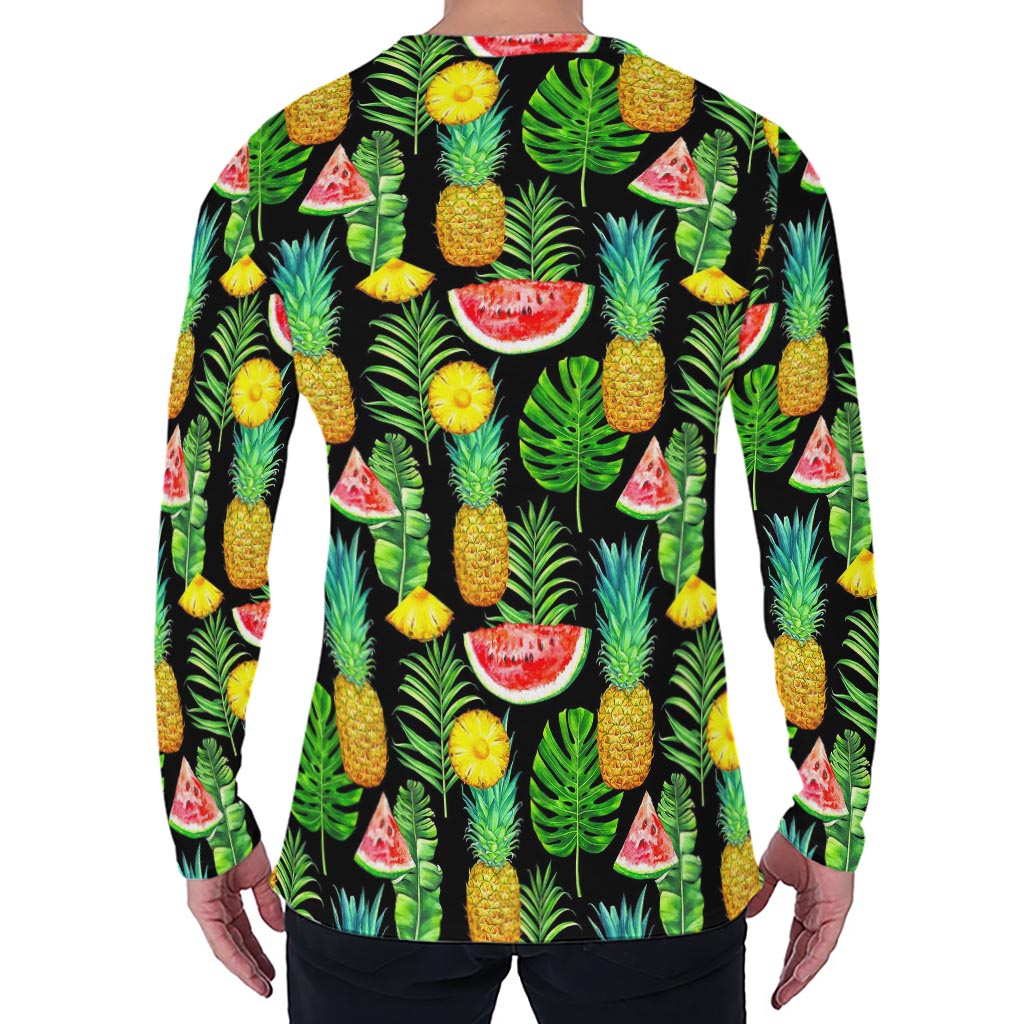 Black Tropical Pineapple Pattern Print Men's Long Sleeve T-Shirt