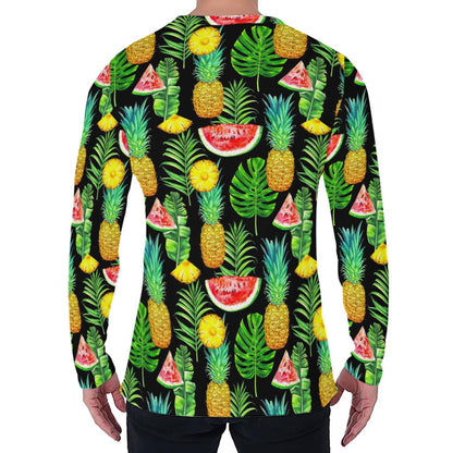 Black Tropical Pineapple Pattern Print Men's Long Sleeve T-Shirt