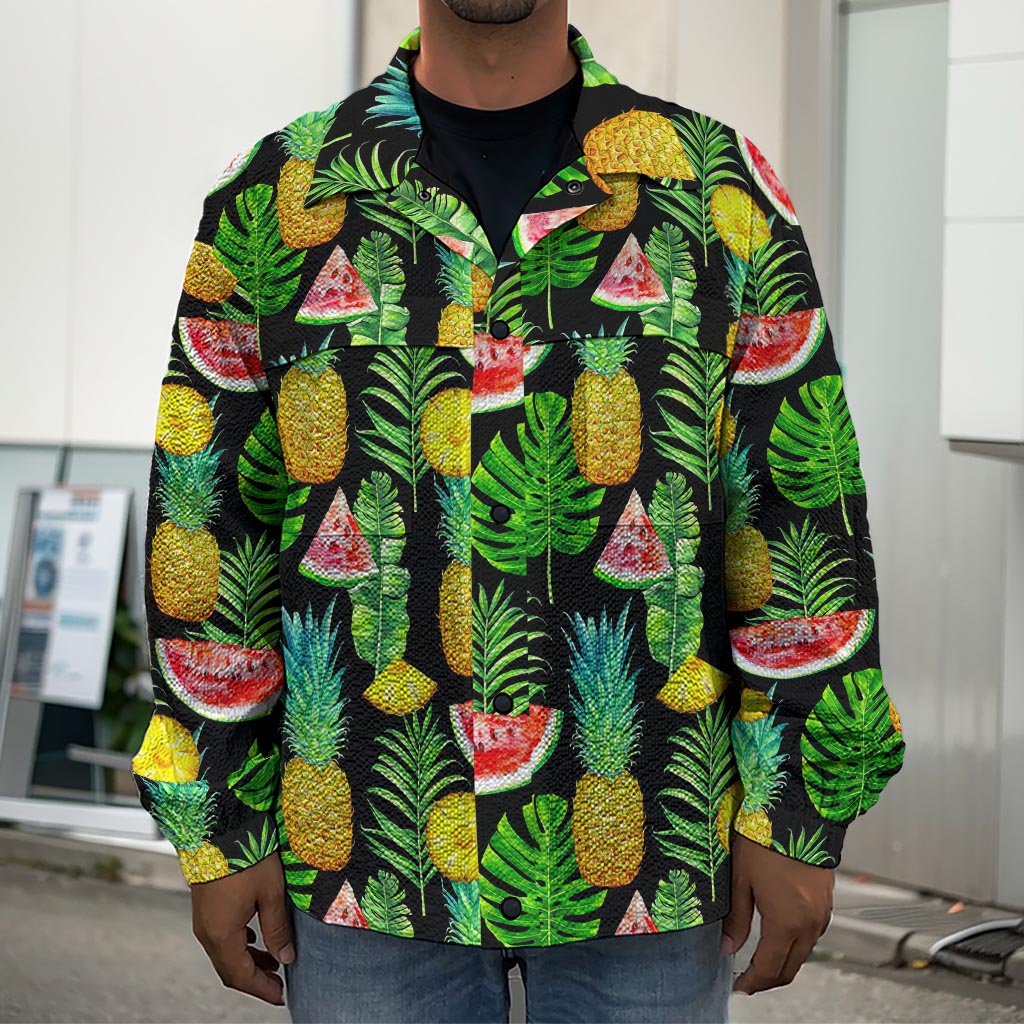 Black Tropical Pineapple Pattern Print Men's Shirt Jacket