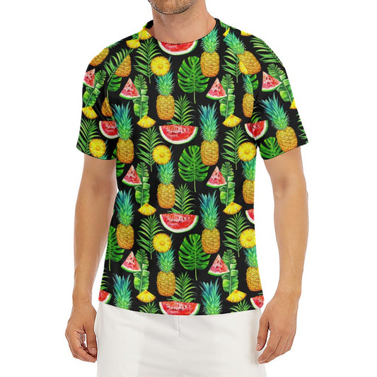 Black Tropical Pineapple Pattern Print Men's Short Sleeve Rash Guard