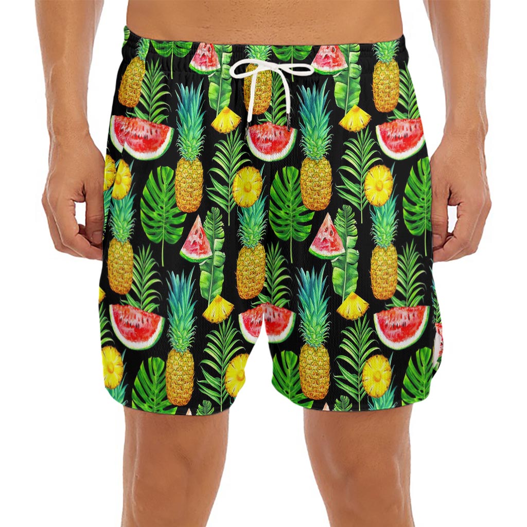 Black Tropical Pineapple Pattern Print Men's Split Running Shorts