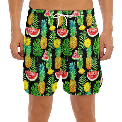 Black Tropical Pineapple Pattern Print Men's Split Running Shorts