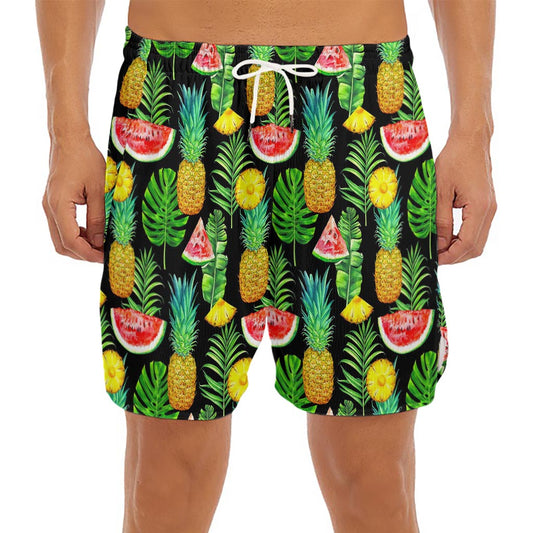 Black Tropical Pineapple Pattern Print Men's Split Running Shorts