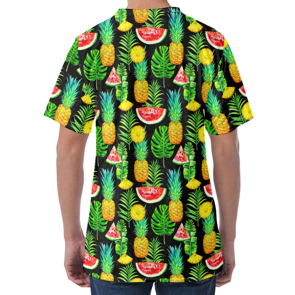 Black Tropical Pineapple Pattern Print Men's Velvet T-Shirt