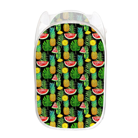 Black Tropical Pineapple Pattern Print Mesh Laundry Hamper