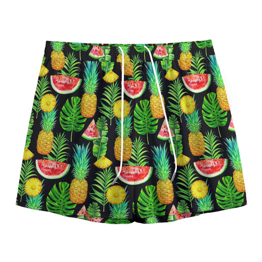 Black Tropical Pineapple Pattern Print Mesh Shorts